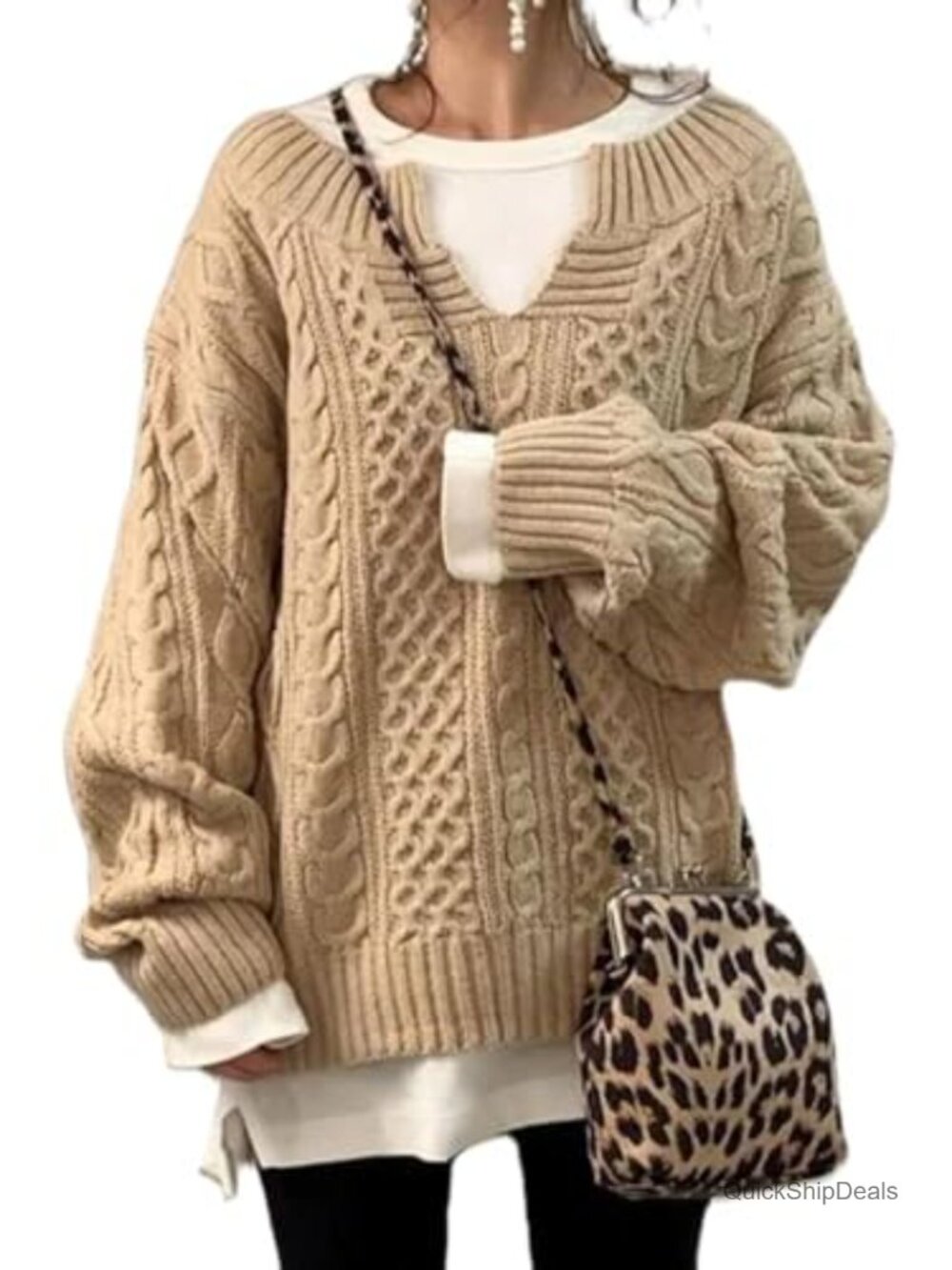 Women Chunky Cable Knit V Neck Long Sleeve Loose Sweater Pullover